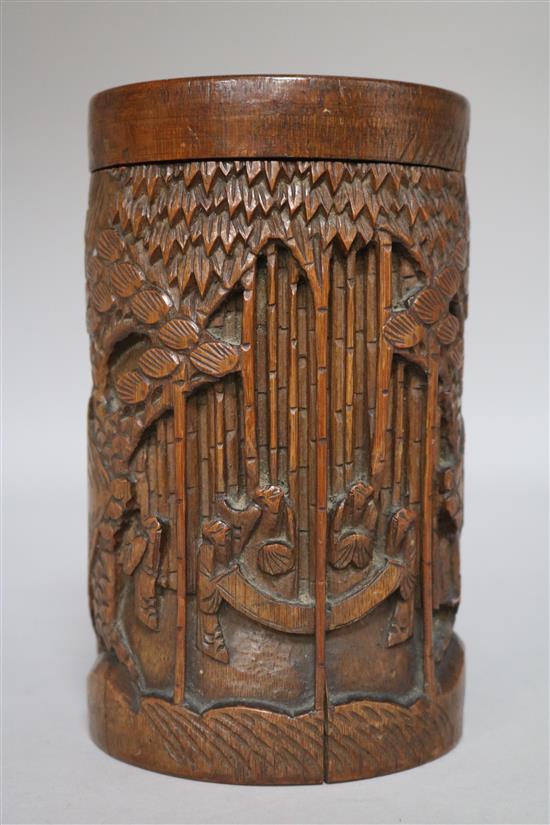 Oriental carved bamboo lidded pot